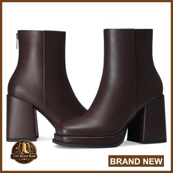 Platform Ankle Boots 3.5 Inch Chunky Heel Leather Booties Square Toe - Picture 3 of 7